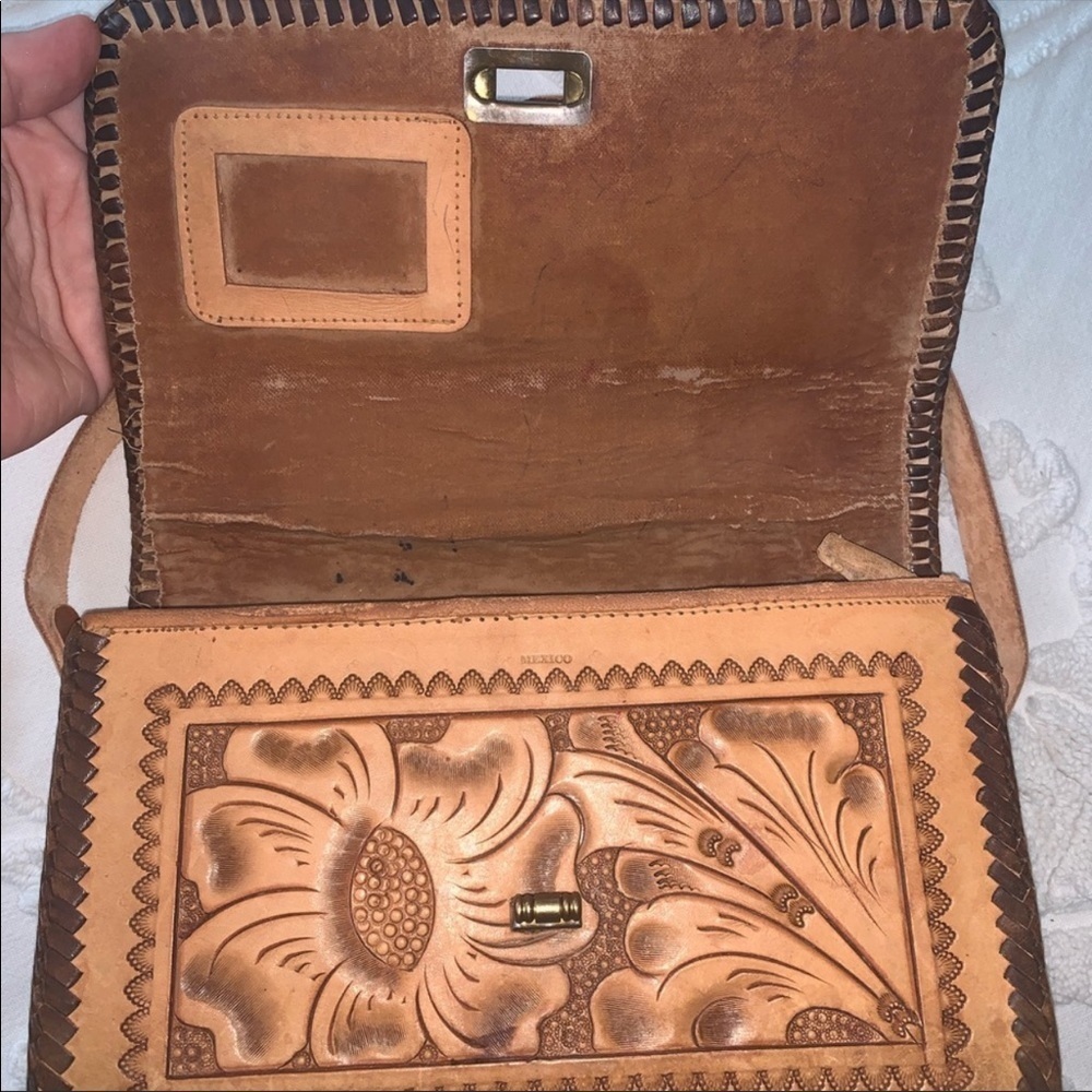 Vintage Tooled Leather Floral Shoulder Bag Turn Lock Closure Braided Accents - Picture 4 of 8
